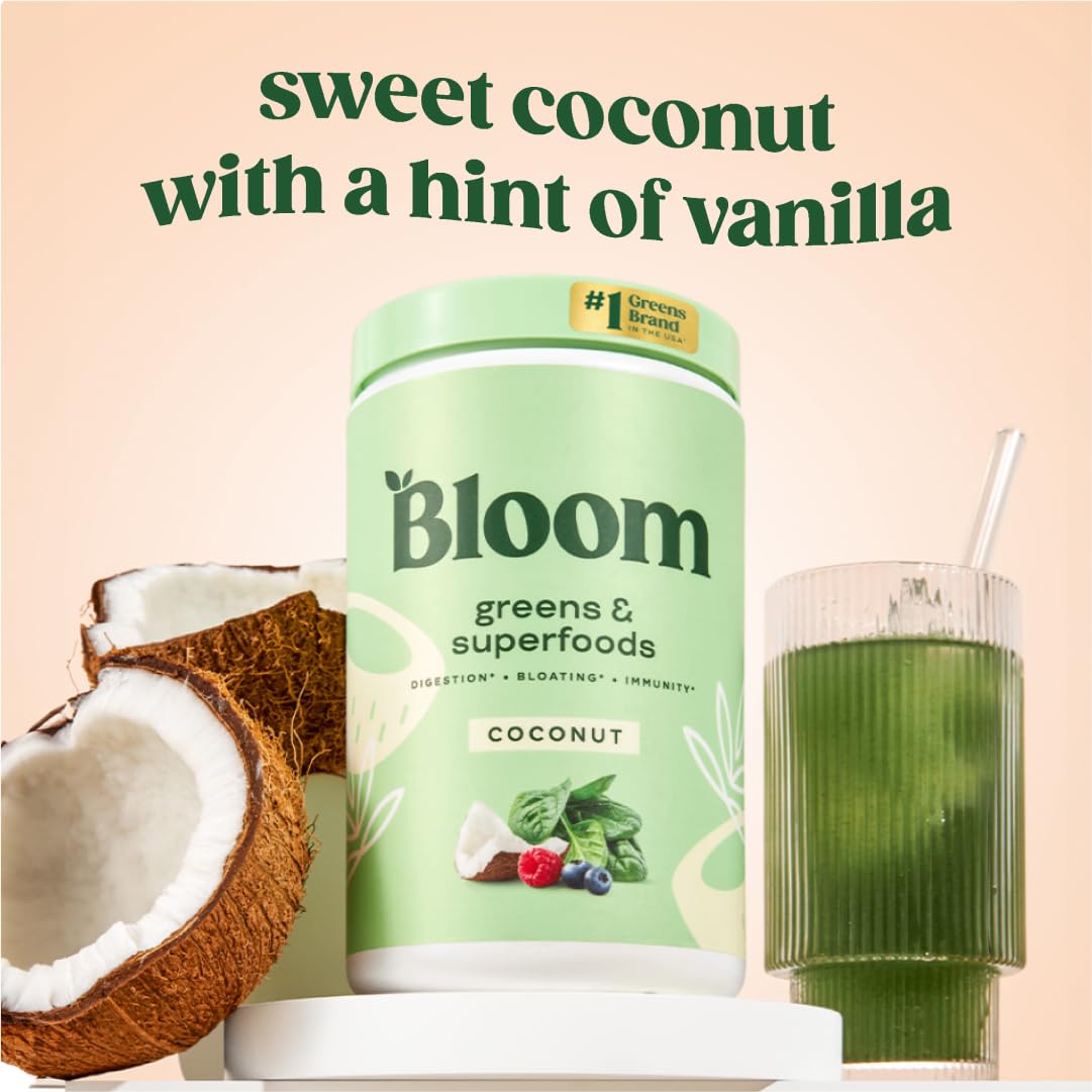 Pre-Order | Arrives in 5–10 Days – 
Bloom Nutrition Superfood Greens Powder, Digestive Enzymes with Probiotics and Prebiotics, Gut Health, Bloating Relief for Women, Chlorella, Green Juice Mix with Beet Root Powder, 60 SVG, Coconut
