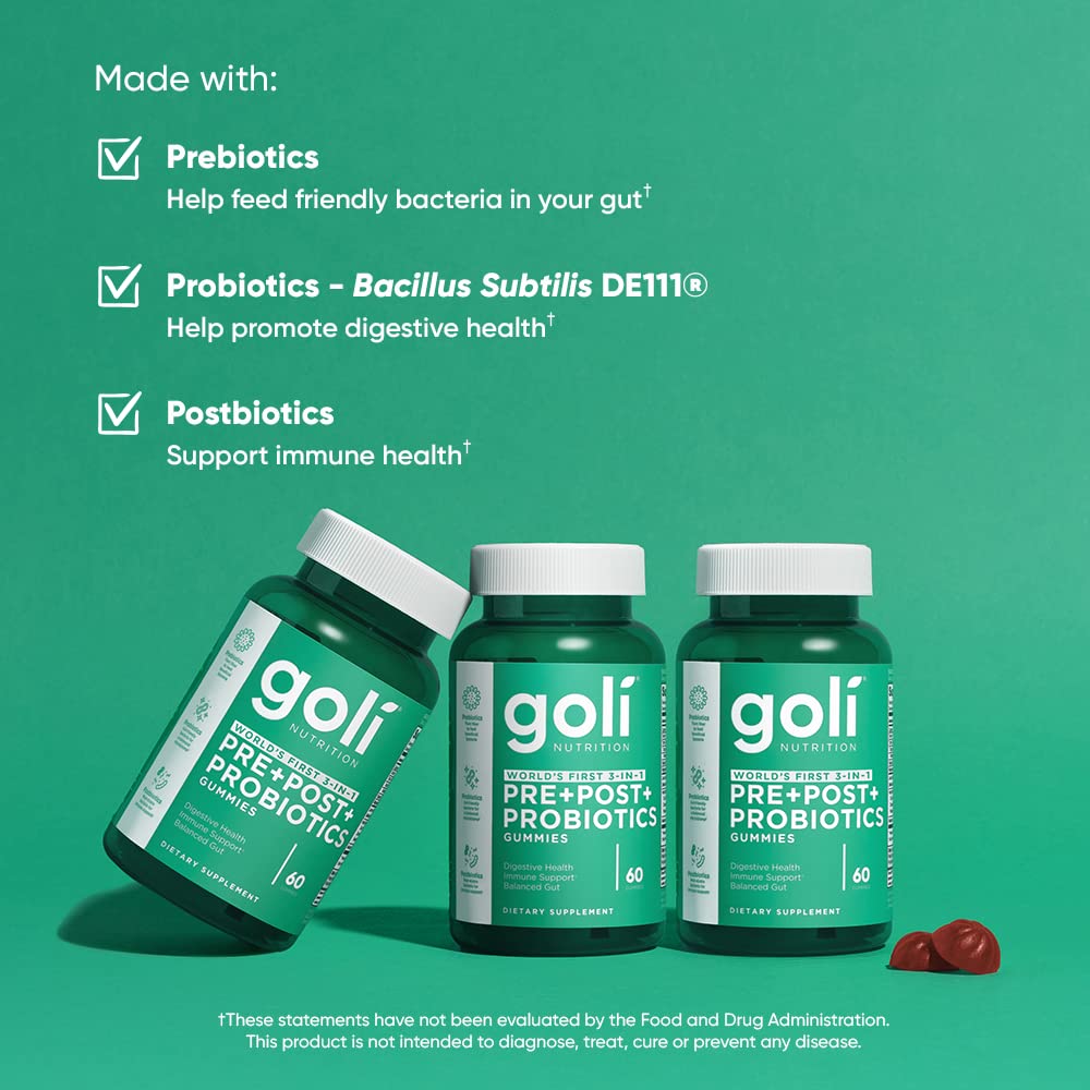 Pre-Order | Arrives in 5–10 Days – Goli Nutritional Supplement, Pre+Post+Probiotics Gummy - 60 Count - World's First 3-in-1 Gluten-Free, Vegan, Non-GMO, and Gelatin-Free.