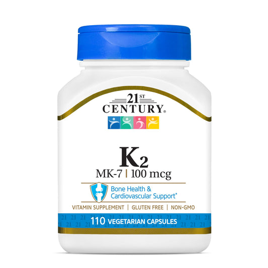 Pre-Order | Arrives in 5–10 Days – 21st Century Healthcare Vitamin K2 (MK-7) 100 mg Vegetarian Capsules, 110 Count