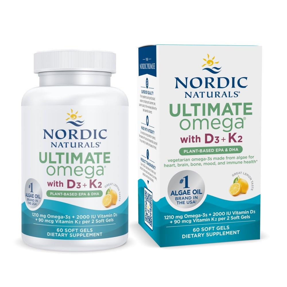 Pre-Order | Arrives in 5–10 Days – Nordic Naturals Ultimate Omega Plant Based Vitamin with Vitamin D3+K2-60 Vegetarian Soft Gels - 1210 mg Omega-3s Plus 2000 IU D3 and 90 mcg K2 - Promotes Brain Health - Non GMO - 30 Servings