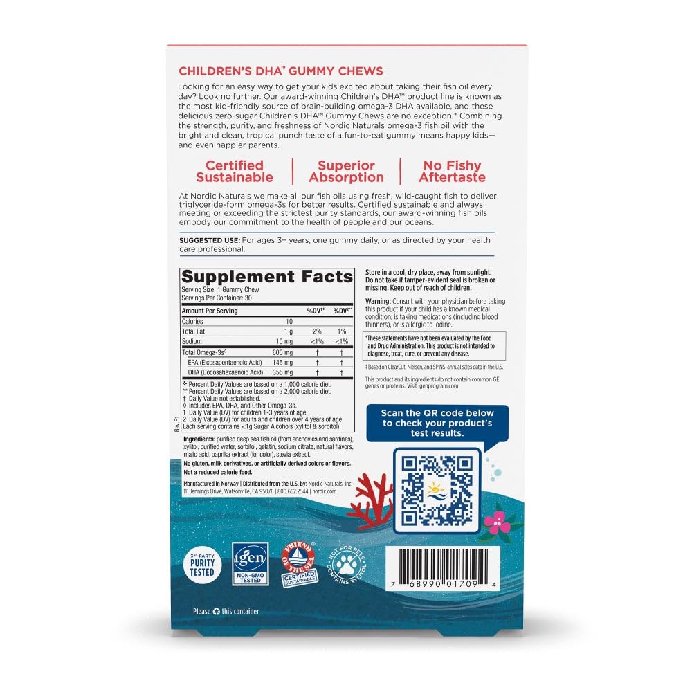 Pre-Order | Arrives in 5–10 Days – Nordic Naturals Zero Sugar Children’s DHA Gummy Chews, Tropical Punch - 30 Gummy Chews for Kids - 600 mg Total Omega-3s - Brain Development, Learning, Healthy Immunity - Non-GMO - 30 Servings