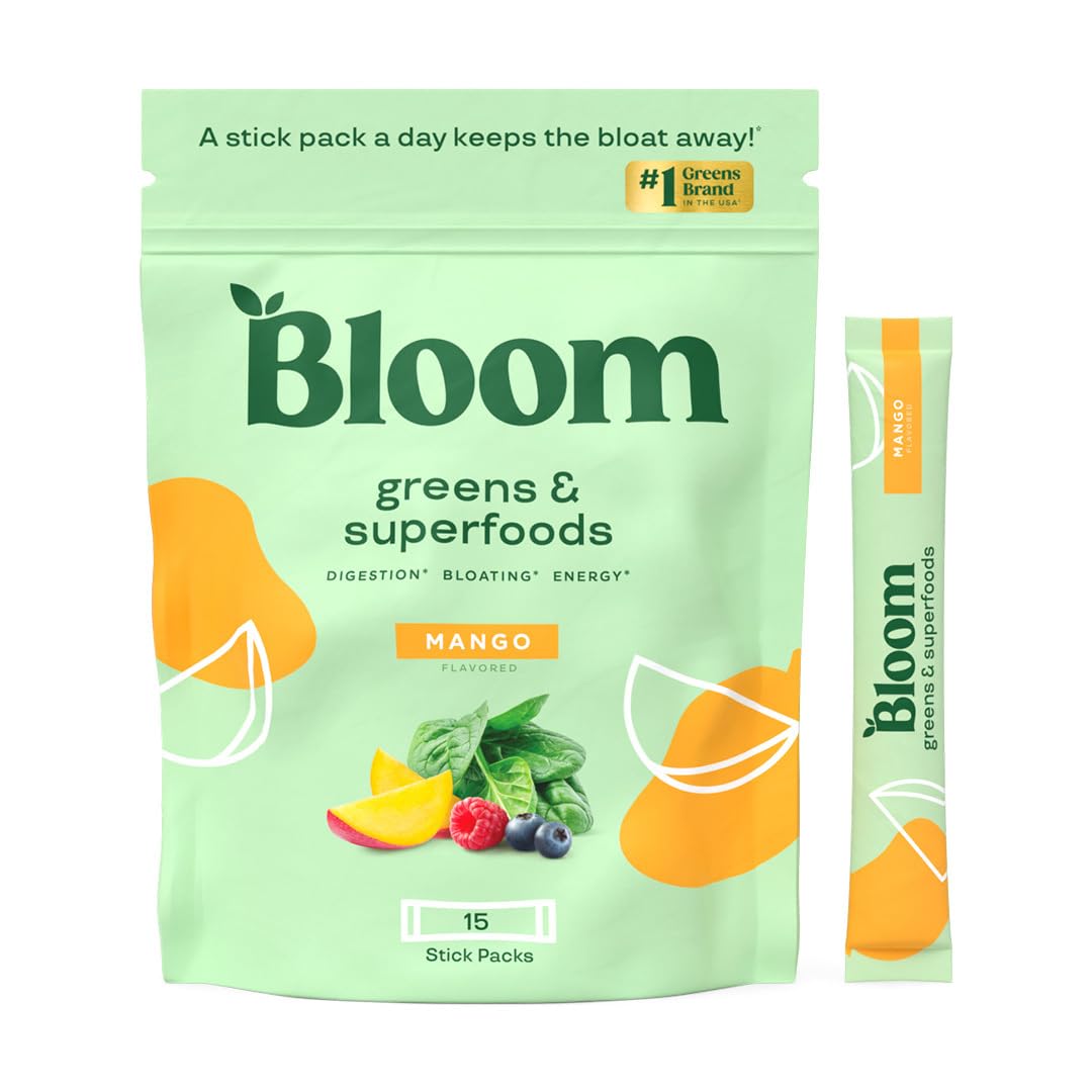 Pre-Order | Arrives in 5–10 Days – 
Bloom Nutrition Superfood Greens Powder Stick Packs, Digestive Enzymes with Probiotics and Prebiotics, Gut Health, Bloating Relief for Women, Chlorella, Green Juice Mix, 15 SVG, Mango