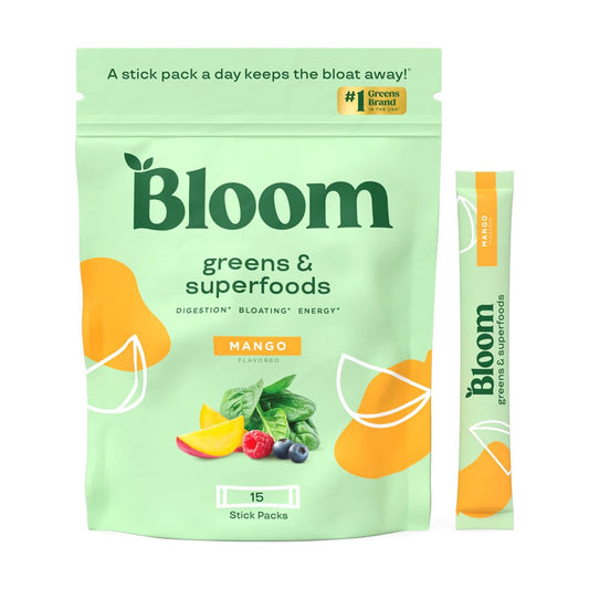 Pre-Order | Arrives in 5–10 Days – 
Bloom Nutrition Superfood Greens Powder Stick Packs, Digestive Enzymes with Probiotics and Prebiotics, Gut Health, Bloating Relief for Women, Chlorella, Green Juice Mix, 15 SVG, Mango