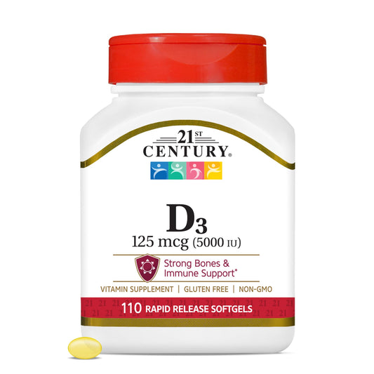 Pre-Order | Arrives in 5–10 Days – 21st Century Healthcare Vitamin D3 125 mcg (5,000 IU) Rapid Release Softgels, 110 Count