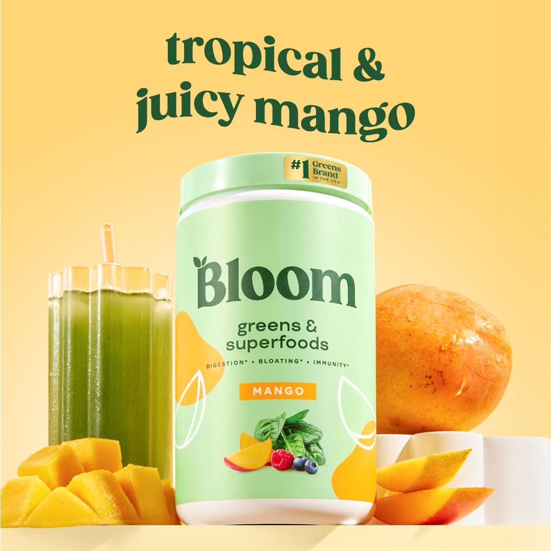 Pre-Order | Arrives in 5–10 Days – 
Bloom Nutrition Superfood Greens Powder, Digestive Enzymes with Probiotics and Prebiotics, Gut Health, Bloating Relief for Women, Chlorella, Green Juice Mix with Beet Root Powder, 60 SVG, Mango