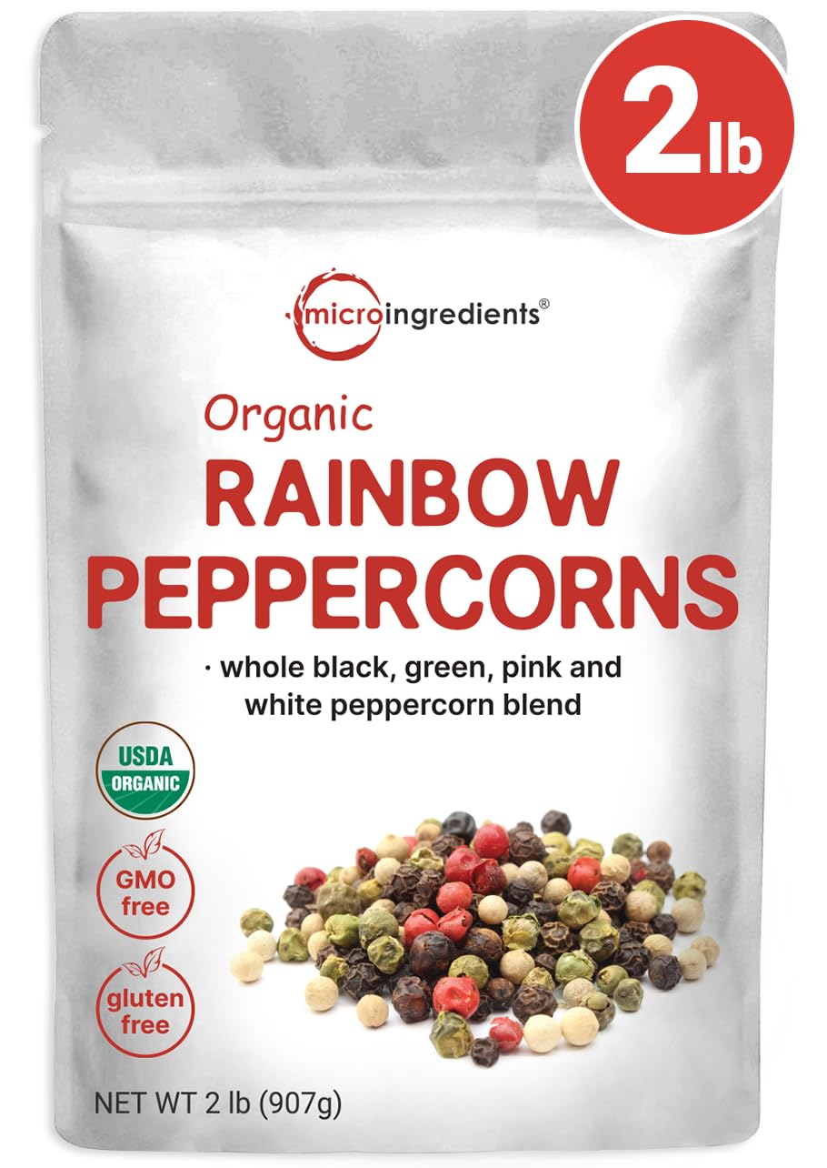 Pre-Order | Arrives in 5–10 Days – Micro Ingredients Organic Whole Rainbow Peppercorns, 2lbs | Premium Whole Peppercorns for Grinder Refill | Great for Seasonings, Meats & Vegetables | Additive Free, Non-GMO, Bulk Supply