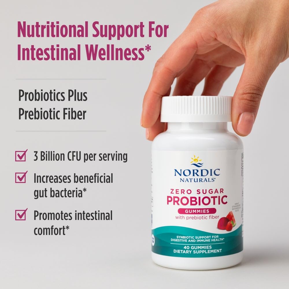 Pre-Order | Arrives in 5–10 Days – Nordic Naturals Zero Sugar Probiotic Gummies - Strawberry Watermelon Flavor - 40 Gummies - Supports Digestive Wellness & Immune Health - Non-GMO - Third Party Tested - Vegan - 20 Servings
