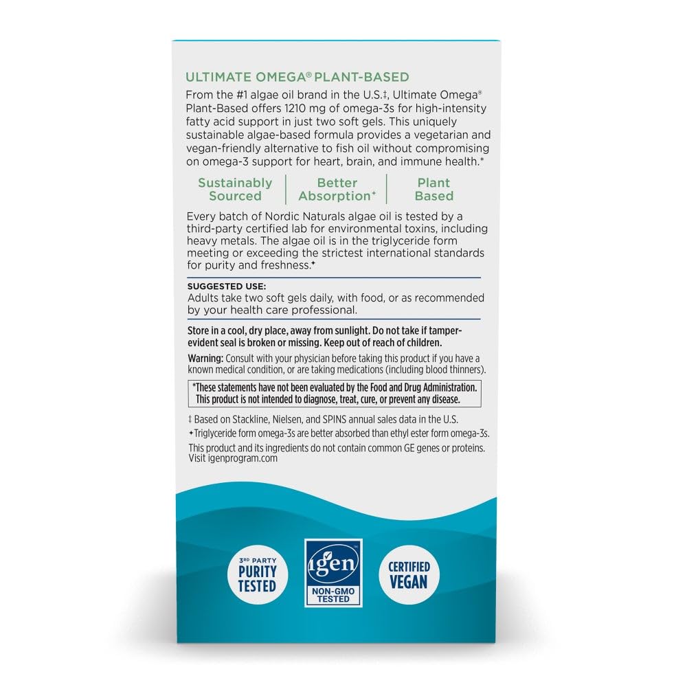 Pre-Order | Arrives in 5–10 Days – Nordic Naturals Plant Based Ultimate Omega, Lemon Flavor - 60 Vegetarian Soft Gels - 1210 mg Omega-3 - Vegan EPA and DHA - Supplement Made from Algae - Brain & Heart Support - Non-GMO - 30 Servings