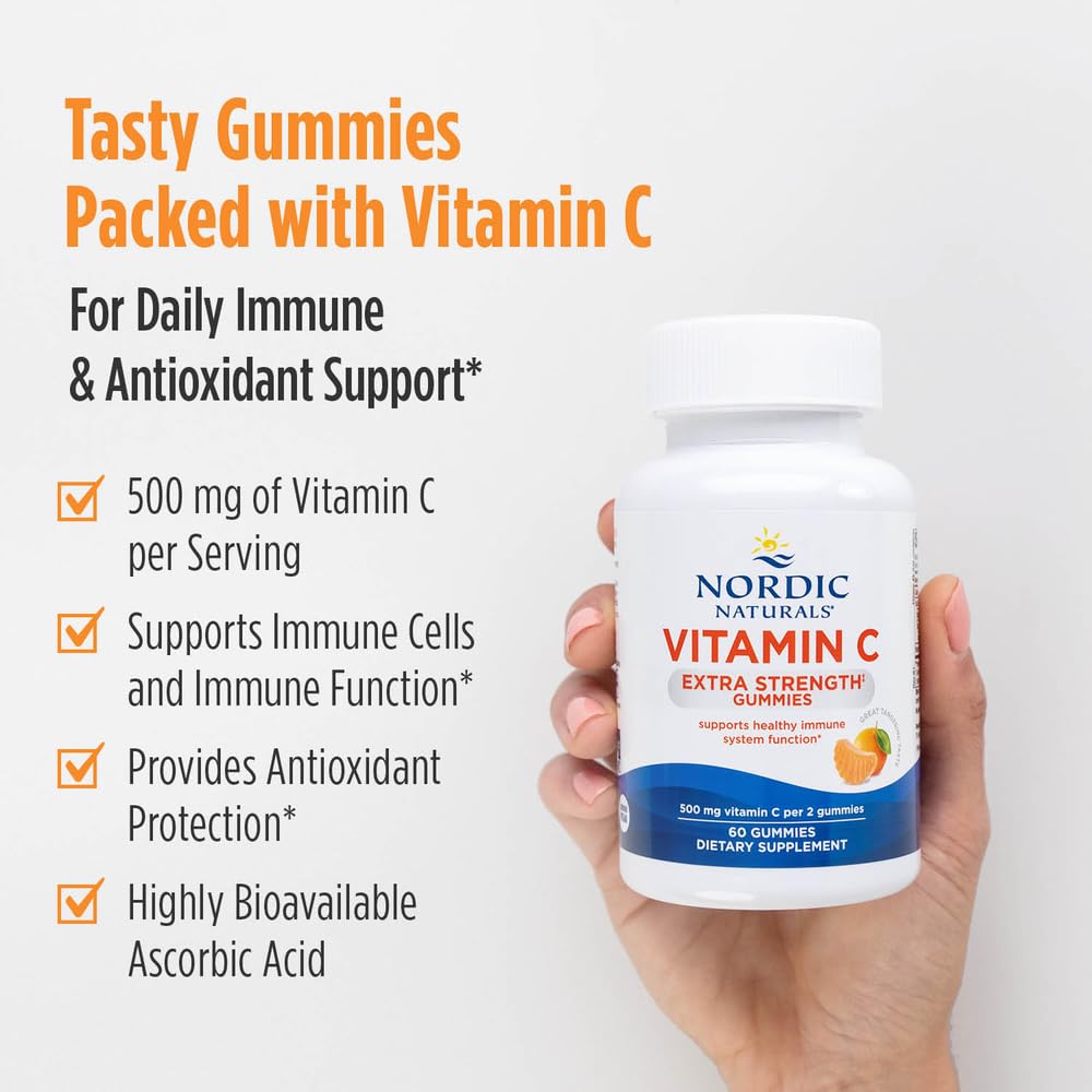 Pre-Order | Arrives in 5–10 Days – Nordic Naturals Vitamin C Extra Strength Gummies - Tangerine Flavor - 60 Gummies - 500 mg Vegan Vitamin C Supplement - Low-Sugar Immune - Support - 30 Servings