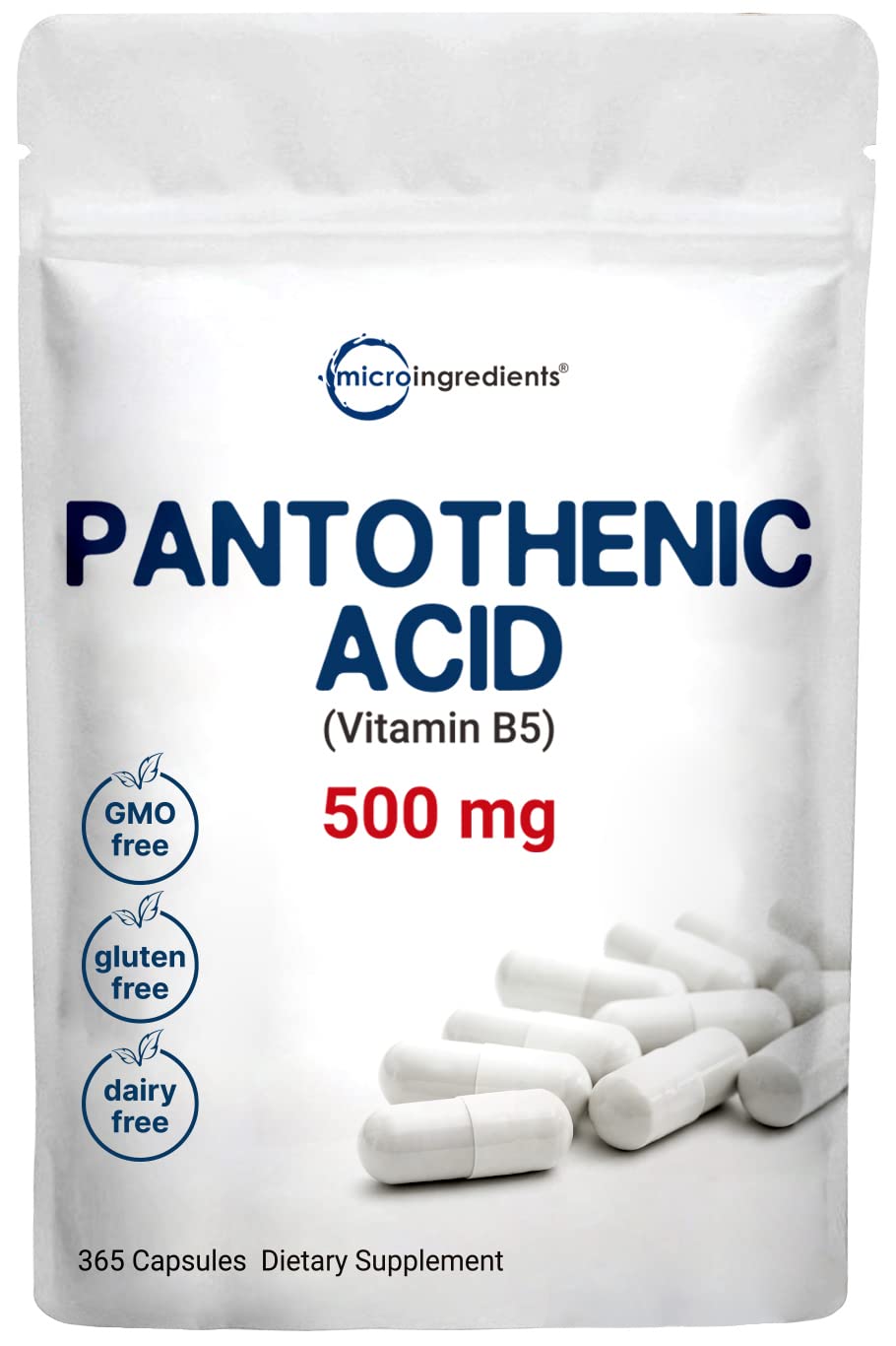 Pre-Order | Arrives in 5–10 Days – Micro Ingredients Pantothenic Acid Vitamin B5 Supplement, Vitamin B5 500mg Per Count, 365 Capsules (1 Year Supply), B-Complex Vitamin, Support Energy Production and Nervous System, Non-GMO