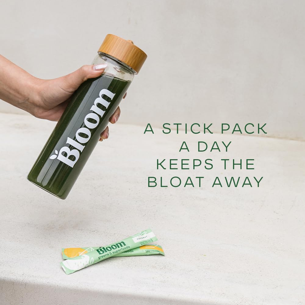 Pre-Order | Arrives in 5–10 Days – 
Bloom Nutrition Superfood Greens Powder Stick Packs, Digestive Enzymes with Probiotics and Prebiotics, Gut Health, Bloating Relief for Women, Chlorella, Green Juice Mix, 15 SVG, Mango