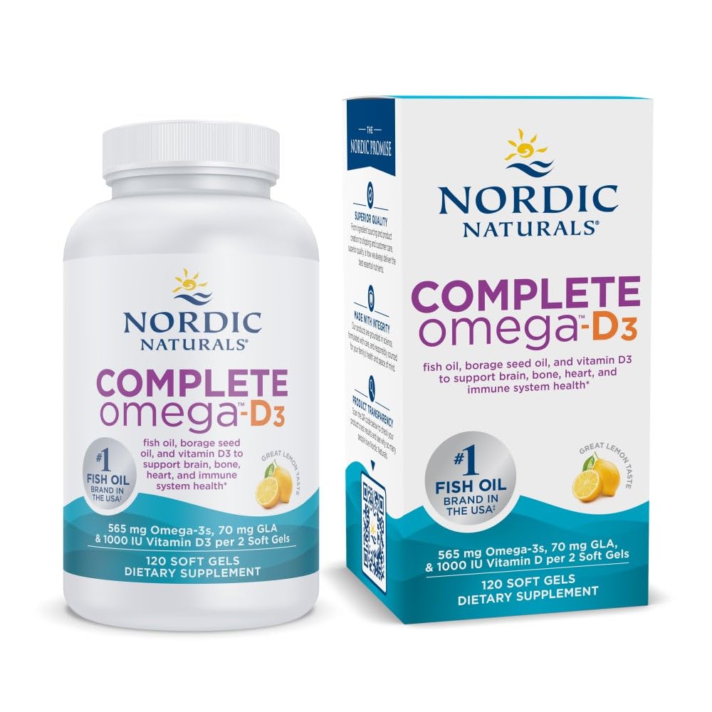 Pre-Order | Arrives in 5–10 Days – Nordic Naturals Complete Omega-D3, Lemon Flavor - 120 Soft Gels - 565 mg Omega-3 + 70 mg GLA + 1000 IU Vitamin D3 - EPA & DHA - Healthy Skin, Cognition, Positive Mood - Non-GMO - 60 Servings