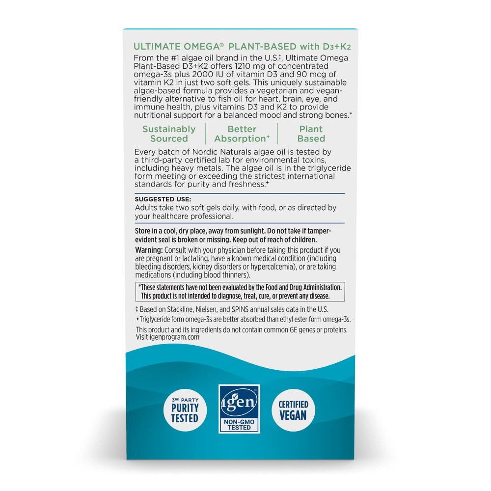 Pre-Order | Arrives in 5–10 Days – Nordic Naturals Ultimate Omega Plant Based Vitamin with Vitamin D3+K2-60 Vegetarian Soft Gels - 1210 mg Omega-3s Plus 2000 IU D3 and 90 mcg K2 - Promotes Brain Health - Non GMO - 30 Servings