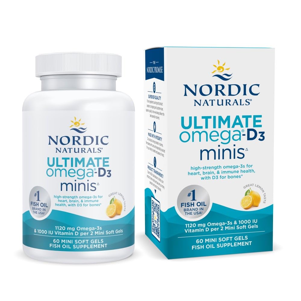 Pre-Order | Arrives in 5–10 Days – Nordic Naturals Ultimate Omega Mini D3, Lemon Flavor - 60 Mini Soft Gels - 1120 mg Omega-3 + 1000 IU Vitamin D3 - EPA & DHA - Promotes Brain & Heart Health - 30 Servings