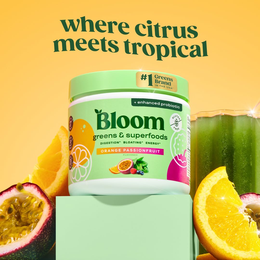 Pre-Order | Arrives in 5–10 Days – 
Bloom Nutrition Superfood Greens Powder, Digestive Enzymes with Probiotics and Prebiotics, Gut Health, Bloating Relief for Women, Chlorella, Juice Mix w/Beet Root Powder, 30 SVG, Orange Passionfruit