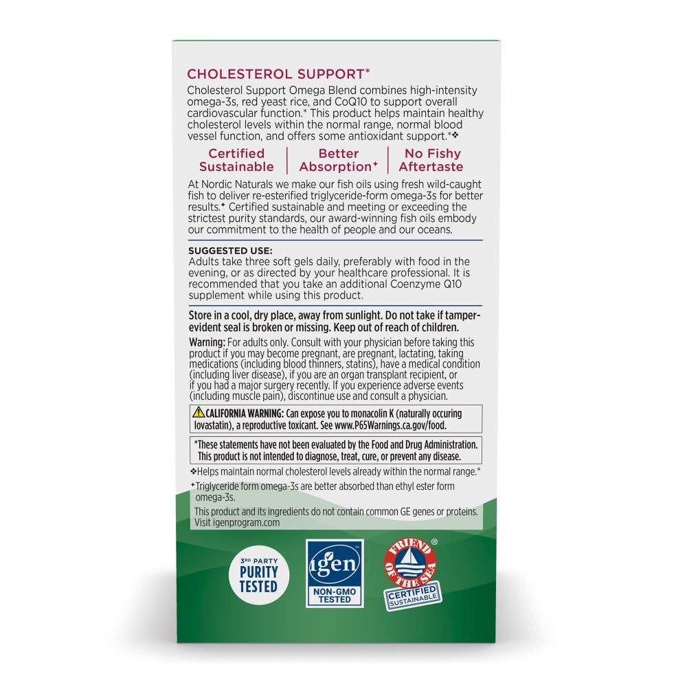 Pre-Order | Arrives in 5–10 Days – Nordic Naturals Cholesterol Support, Lemon - 60 Soft Gels - 975 Omega-3 + Red Yeast Rice & CoQ10 - Normal Cholesterol, Antioxidant Support - EPA & DHA - Non-GMO - 20 Servings