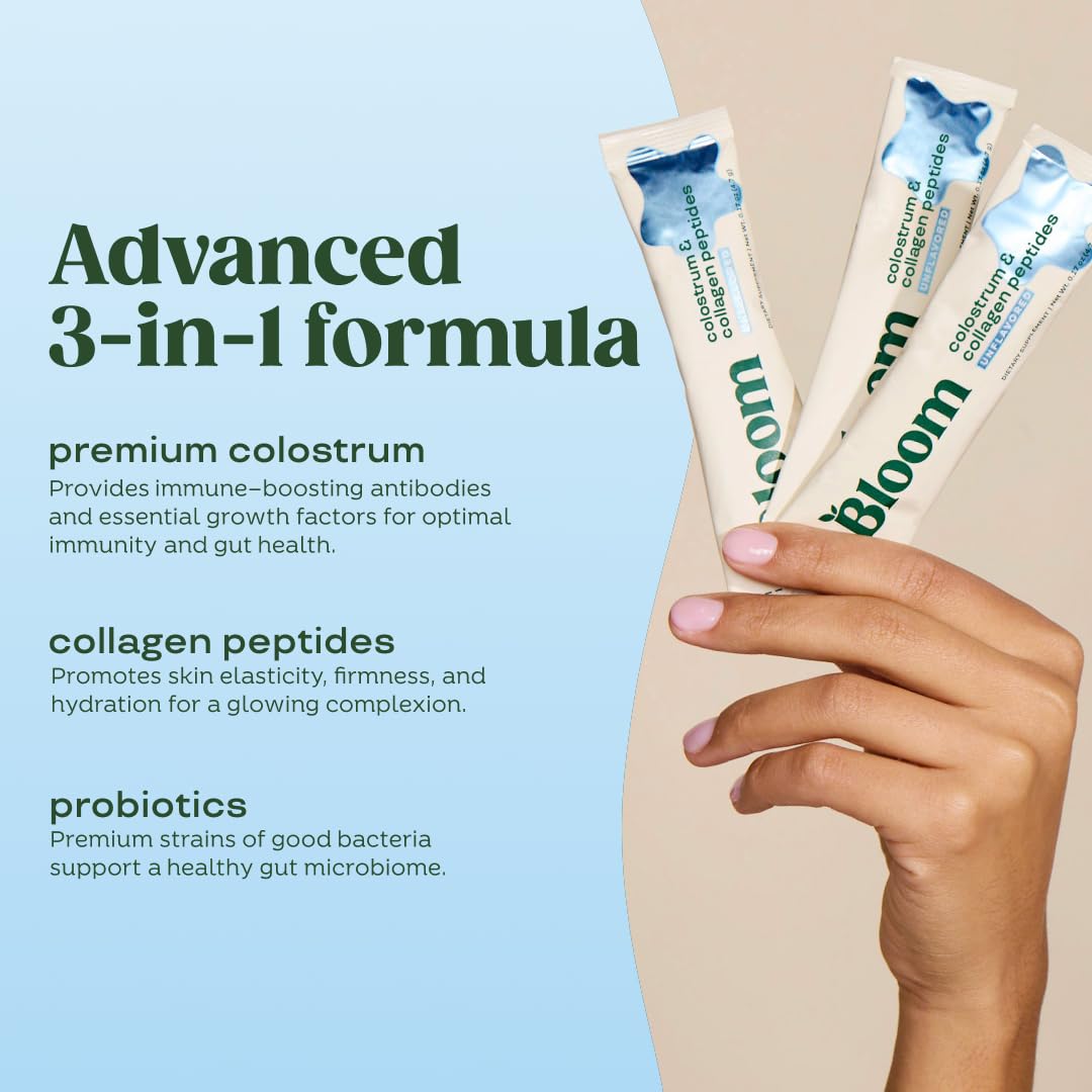 Pre-Order | Arrives in 5–10 Days – 
Bloom Nutrition Bovine Colostrum Powder Packet, Gut Health, Immune Support, Hair Growth & Beauty Supplement, Gluten Free, Sugar Free | Unflavored, 15 Servings