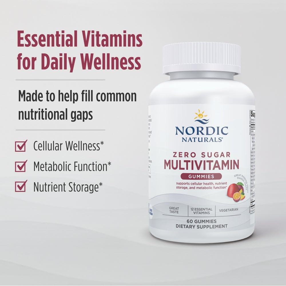 Pre-Order | Arrives in 5–10 Days – Nordic Naturals Zero Sugar Multi Gummies - Vegetarian Multivitamin Supplement - Passionfruit Mango - 60 Pectin-Based Gummies - 12 Essential Vitamins for Adults - Non-GMO - 30 Servings