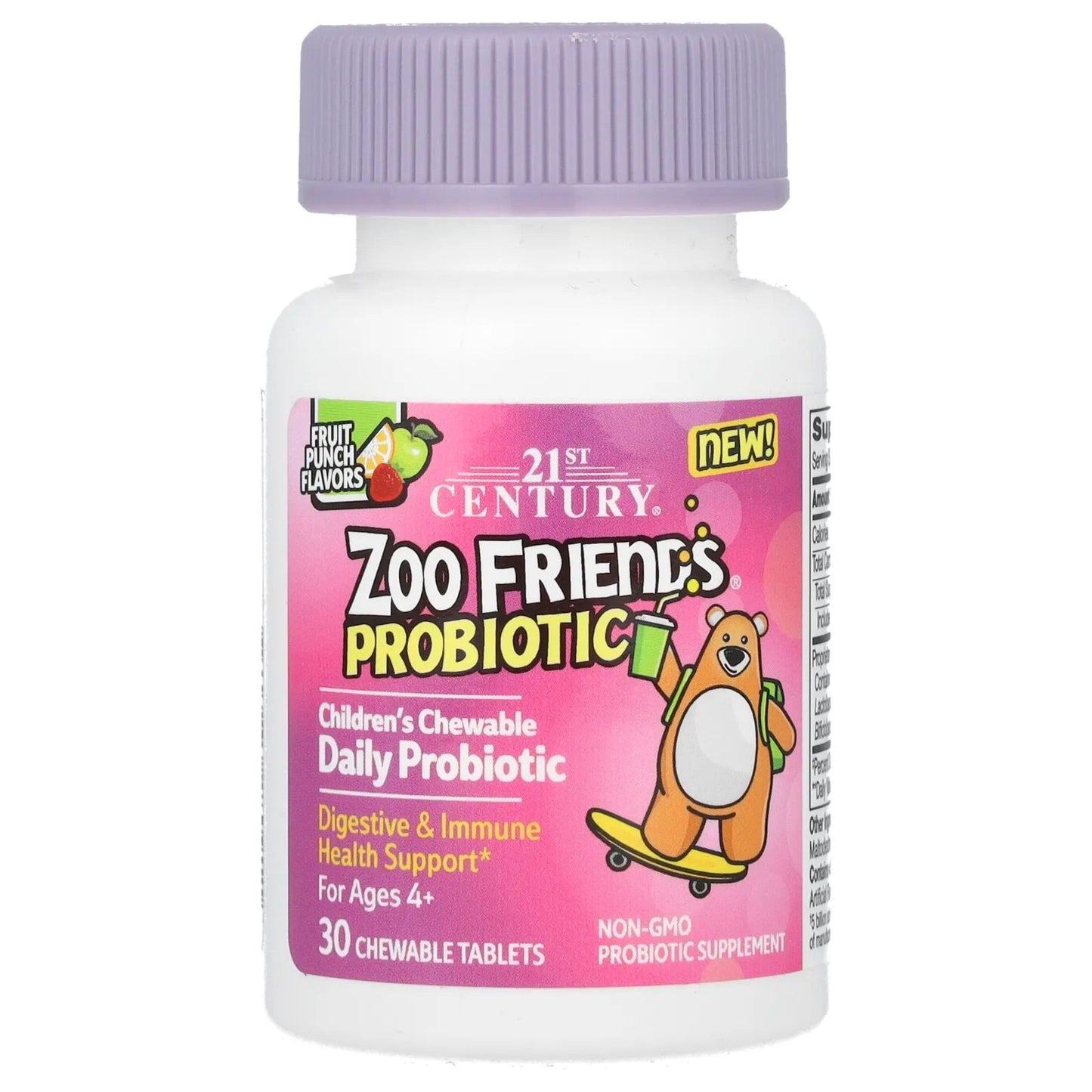 Pre-Order | Arrives in 5–10 Days – 21st Century
Zoo Friends, Children's Chewable Probiotic, Age 4+, Fruit Punch, 30 Chewable Tablets