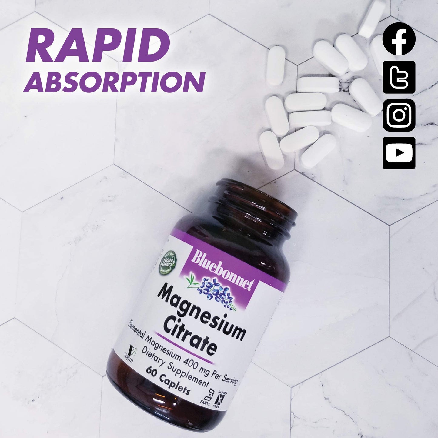Pre-Order | Arrives in 5–10 Days – Bluebonnet Nutrition Magnesium Citrate (400mg of Magnesium)- Maximum Absorption - Supports Immune Health & Energy Production - Soyfree, Gluten-Free, Non-GMO, Kosher, Dairy Free, Vegan, 60 Caplets