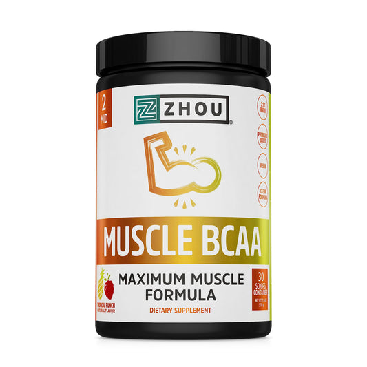 Pre-Order | Arrives in 5–10 Days – Zhou Nutrition Muscle BCAA Powder, Vegan Muscle Recovery, Natural, Clean Formula for Optimal Absorption, Probiotic Boost, Vitamin C, Gluten and Sugar Free, Tropical Punch, 30 Servings
