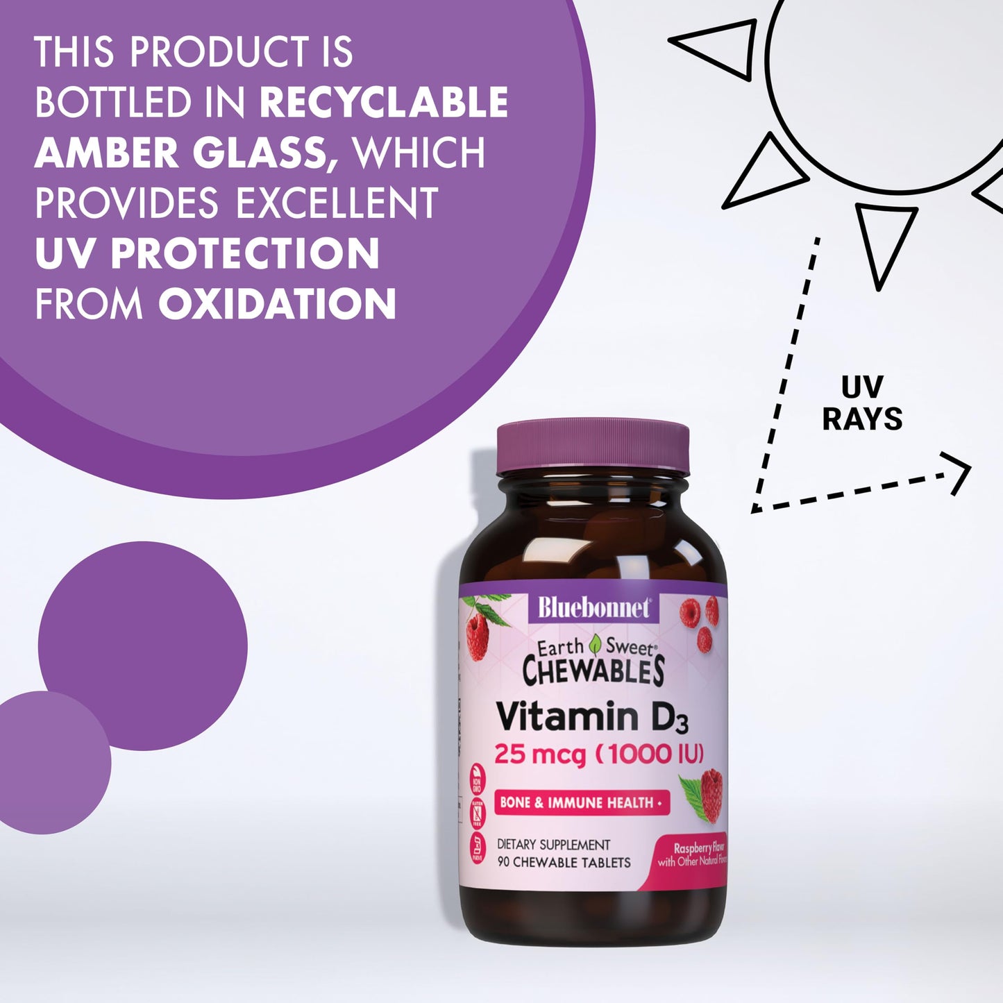Pre-Order | Arrives in 5–10 Days – Bluebonnet Nutrition EarthSweet Vitamin D3 1000IU - Bone & Immune Support Supplement - Raspberry Chewable Vitamin D Supplement for Women & Men - Soy-Free, Gluten-Free, Non-GMO - 90 Tablets