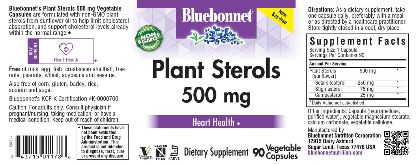 Pre-Order | Arrives in 5–10 Days – Bluebonnet Nutrition Plant Sterols 500mg Heart Health Supplement for Men & Women* - Non-GMO Beta-Sitosterol from Sunflower Oil - Vegan, Gluten-Free - 90 Vegetable Capsules