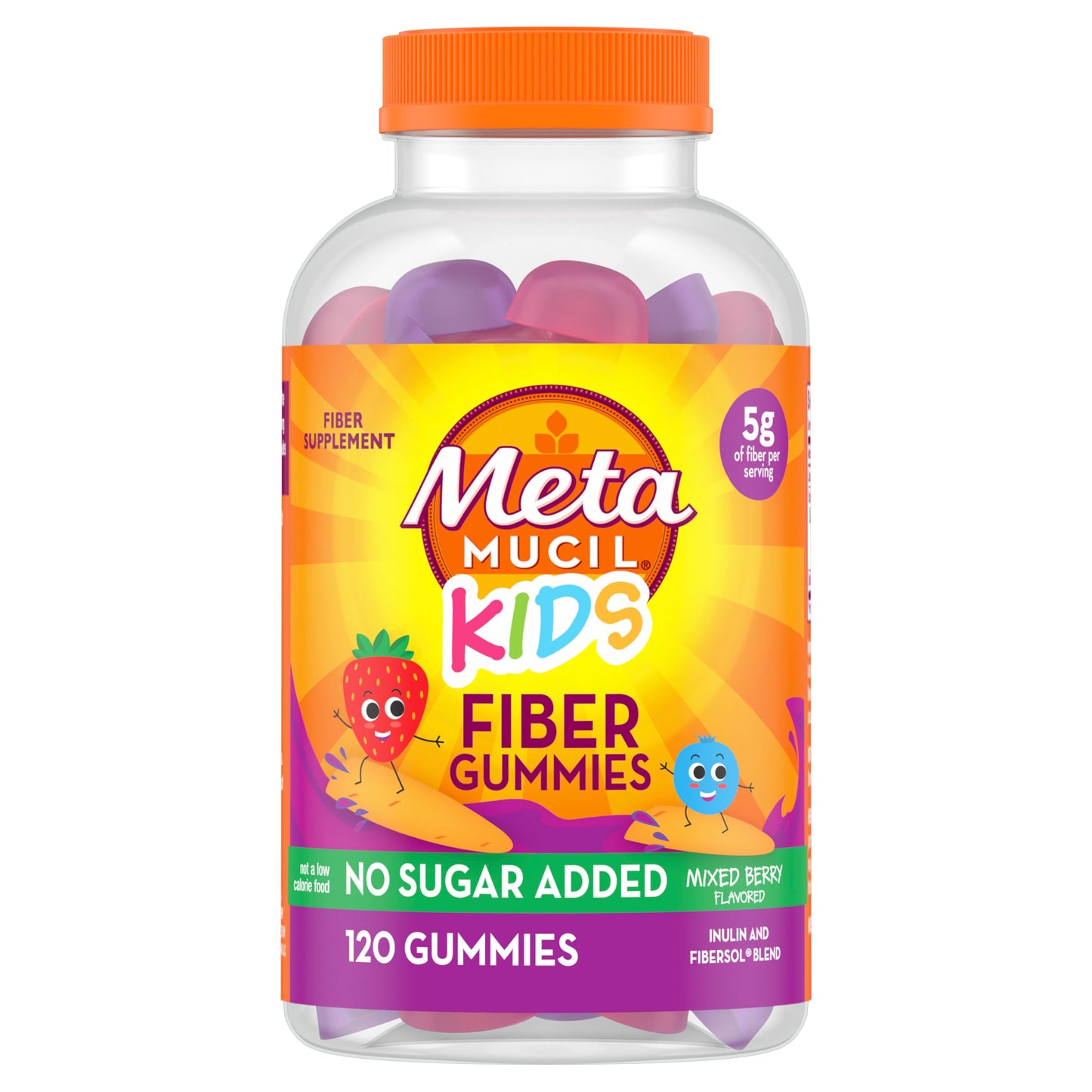 Pre-Order | Arrives in 5–10 Days – Metamucil Kids Fiber Supplement Gummies, No Sugar Added, 5g Prebiotic Plant-Based Fiber Blend, Mixed Berry Flavored, 120ct Gummies
