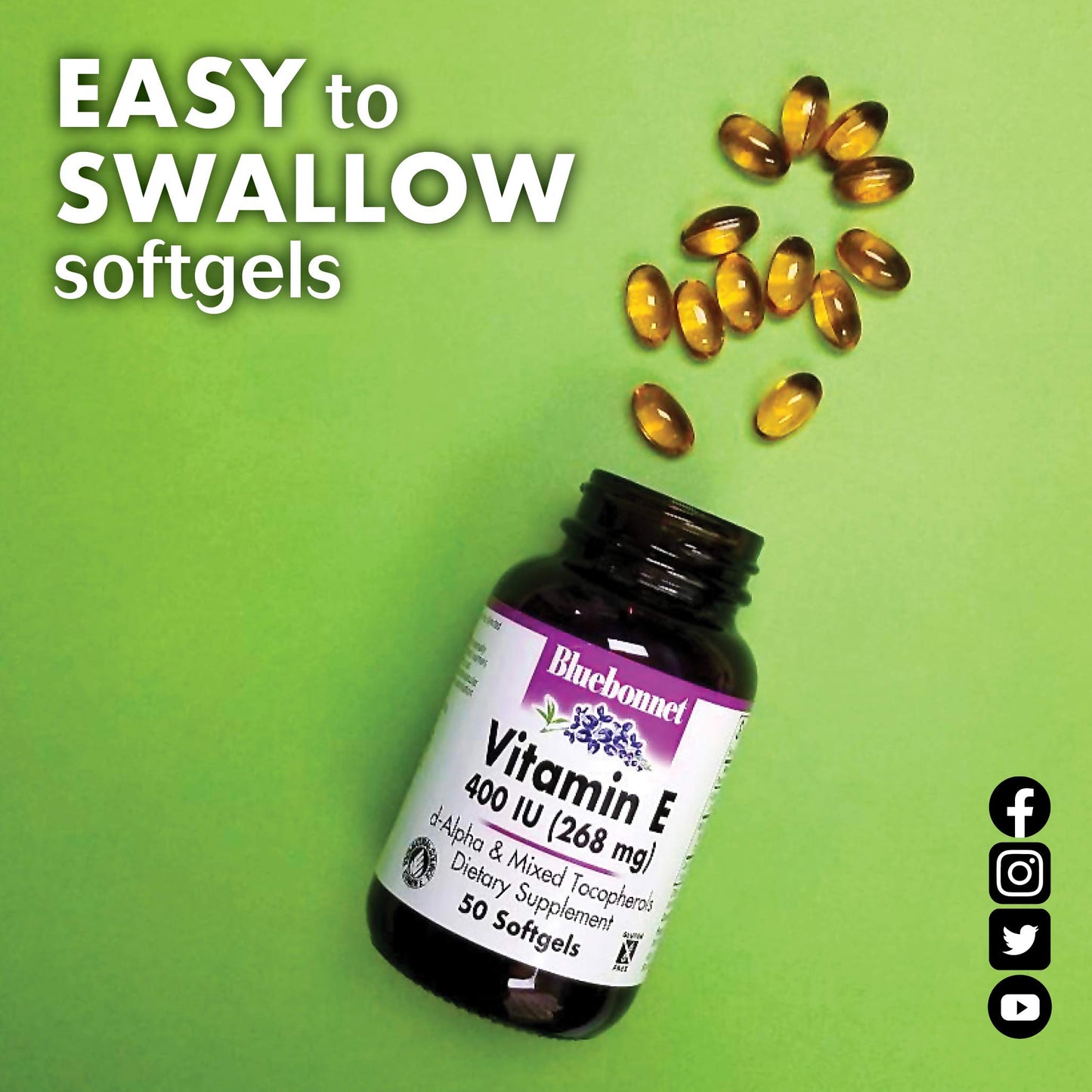 Pre-Order | Arrives in 5–10 Days – Bluebonnet Nutrition Vitamin E 400 IU (268 mg) Mixed Tocopherols Softgels, Free Radical Portection & Cardiovascular Support, Gluten-Free, Dairy-Free, 50 Softgels, 50 Servings