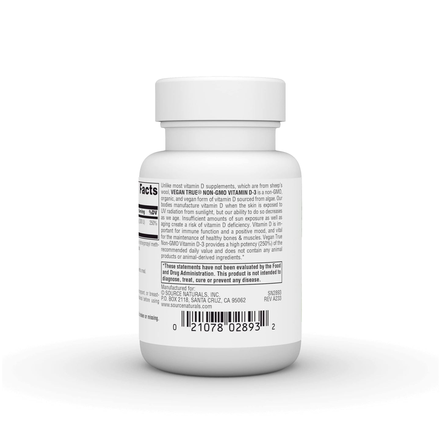 Pre-Order | Arrives in 5–10 Days – Source Naturals Vegan True, Non-GMO Vitamin D-3, Dietary Supplement for Immune and Bone Health*, 2,000 IU - 30 Capsules