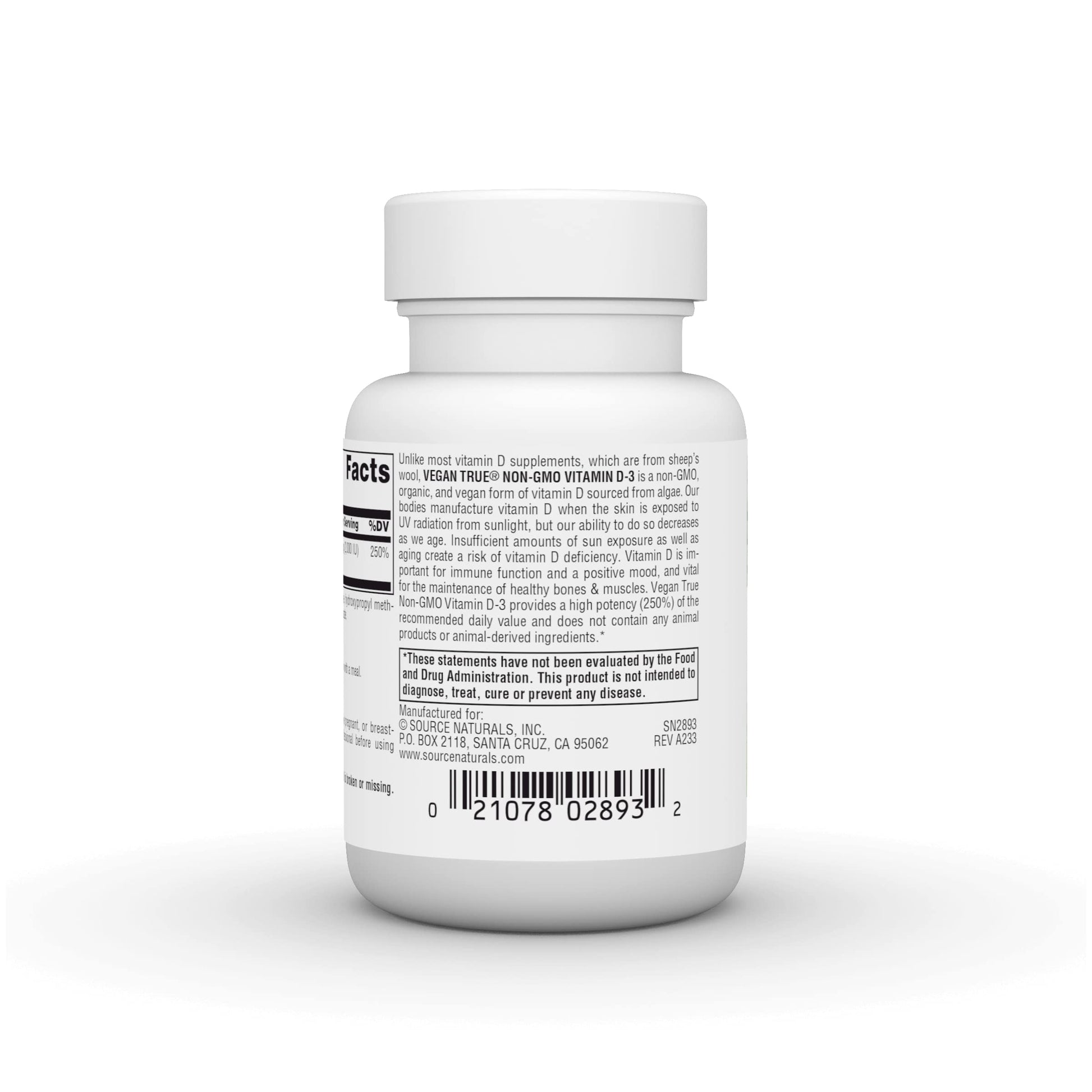 Pre-Order | Arrives in 5–10 Days – Source Naturals Vegan True, Non-GMO Vitamin D-3, Dietary Supplement for Immune and Bone Health*, 2,000 IU - 30 Capsules