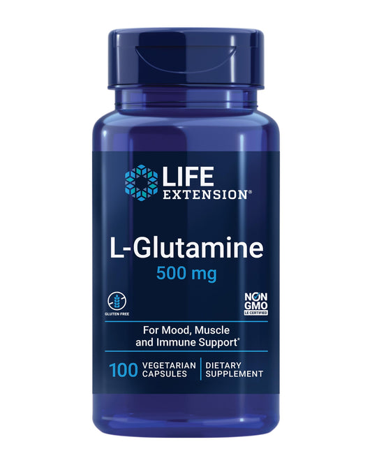 Pre-Order | Arrives in 5–10 Days – Life Extension L-Glutamine, 500 mg L-glutamine, Amino Acid, Supports Muscle Health and Immune Health, Gluten-Free, Non-GMO, 100 Vegetarian Capsules