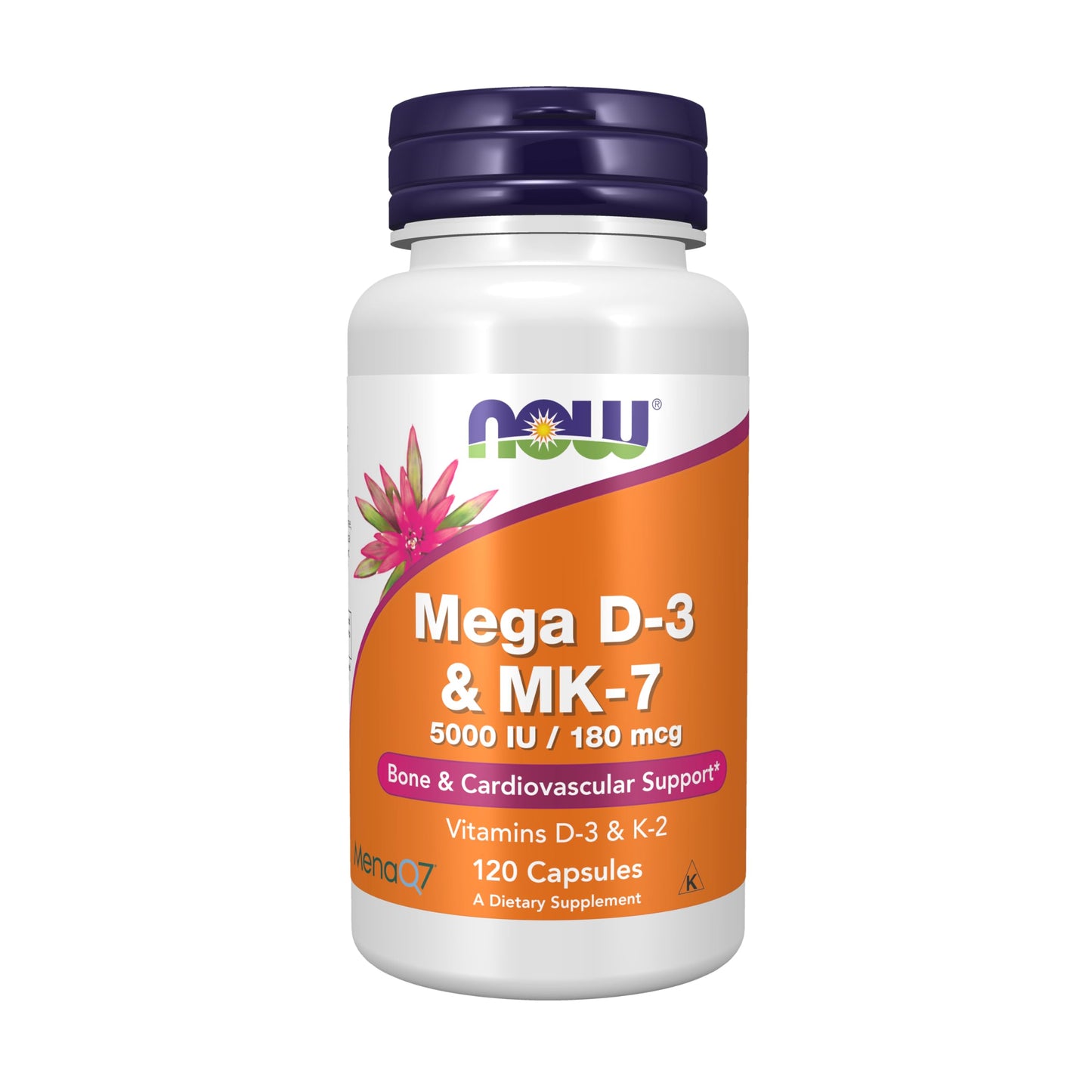 Pre-Order | Arrives in 5–10 Days – NOW Supplements, Mega D-3 & MK-7, 5000 IU / 180 mcg, Bone & Cardiovascular Support*, Vitamins K-3 & K-2, 120 Capsules