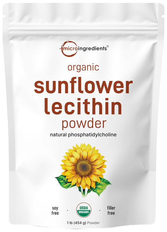 Pre-Order | Arrives in 5–10 Days – Micro Ingredients Organic Sunflower Lecithin Powder, 1 Pound, Sustainable Farmed, Cold Pressed, Rich in Phosphatidyl Choline and Protein, Making Liposomal Vitamin C, Lactation Supplement, Non-GMO