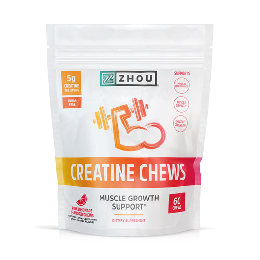Pre-Order | Arrives in 5–10 Days – Zhou Nutrition Creatine Monohydrate Chewables 5g for Men & Women, Sugar Free, Organic, Non GMO, Pink Lemonade, 60 Creatine Gummies