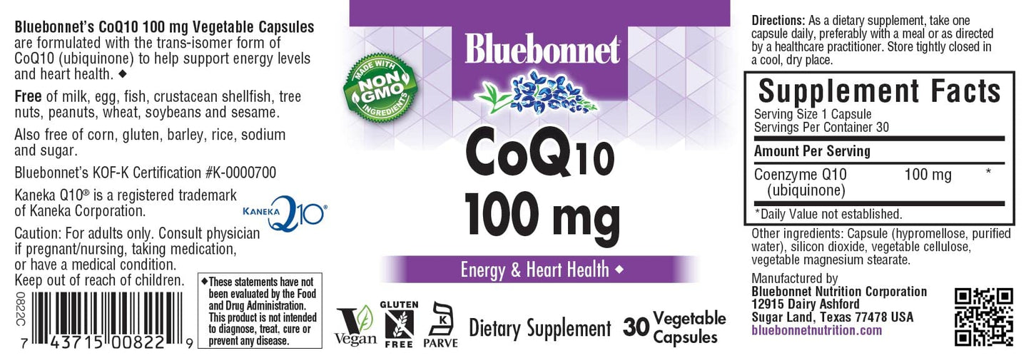 Pre-Order | Arrives in 5–10 Days – BlueBonnet CoQ-10 Vegetarian Capsules, 100 mg, 30 Count