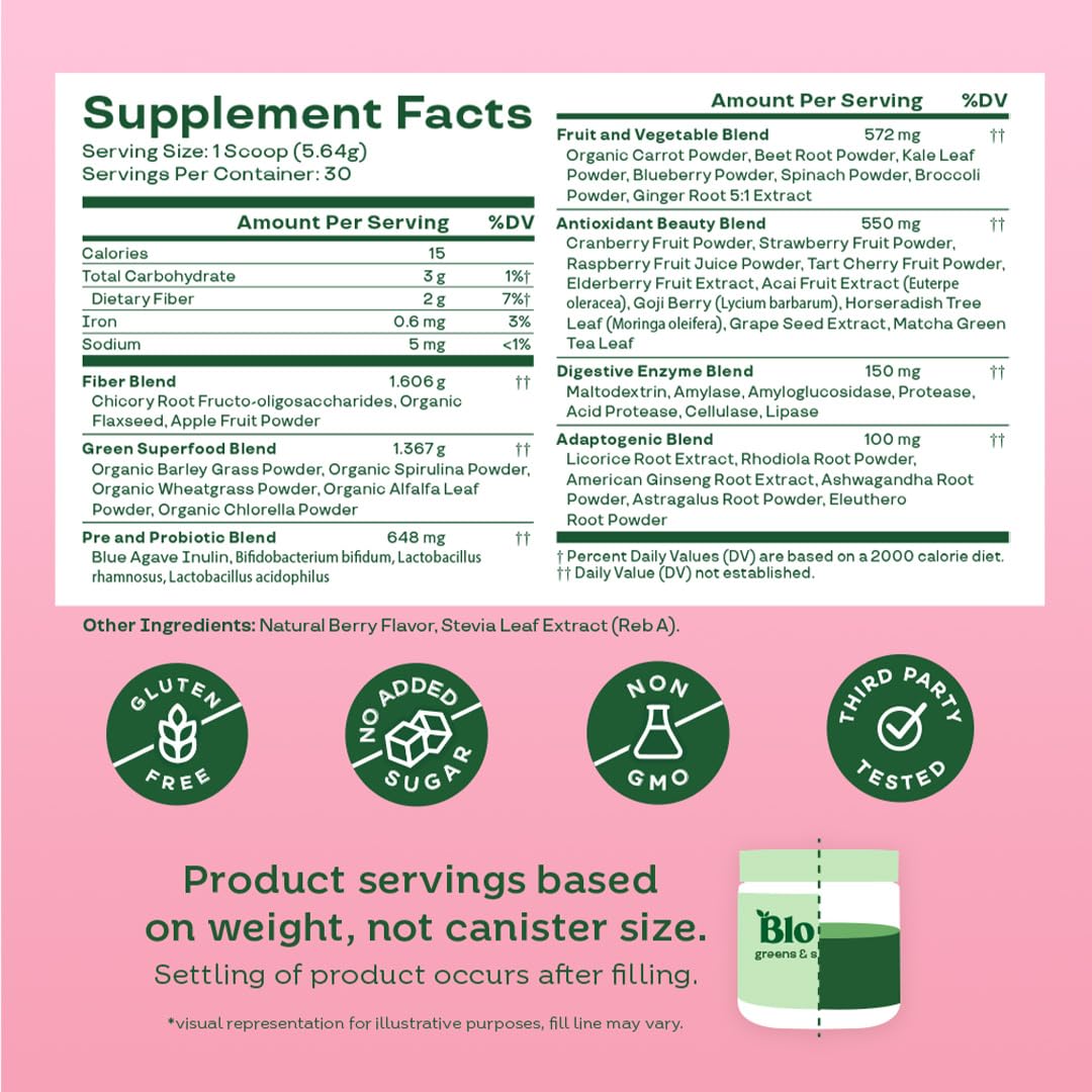 Pre-Order | Arrives in 5–10 Days – 
Bloom Nutrition Superfood Greens Powder, Digestive Enzymes with Probiotics and Prebiotics, Gut Health, Bloating Relief for Women, Chlorella, Green Juice Mix with Beet Root Powder, 30 SVG, Berry