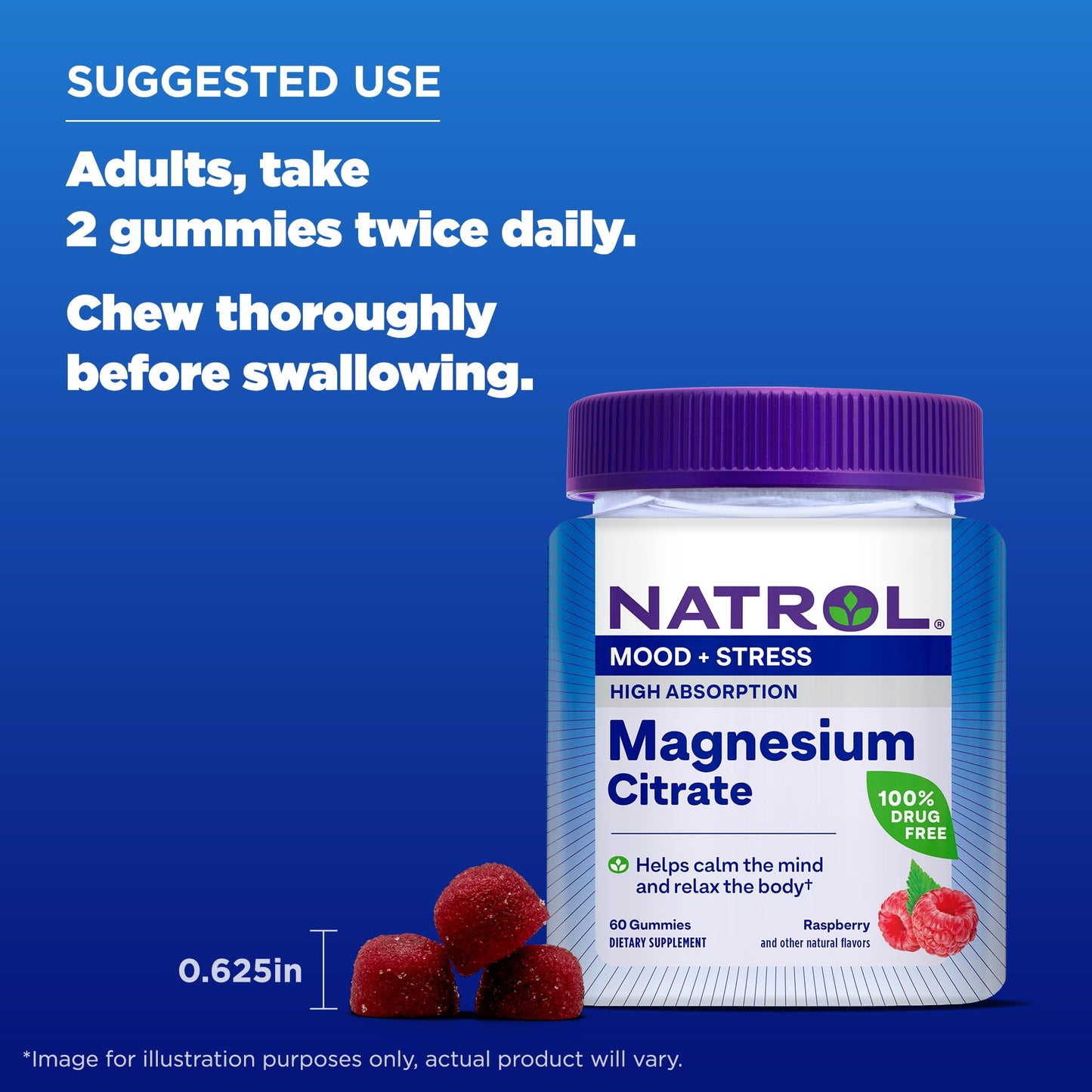 Pre-Order | Arrives in 5–10 Days – Natrol Mood + Stress Magnesium Citrate 330mg, Dietary Supplement for Mood and Occasional Stress Support, 60 Raspberry-Flavored Gummies, 15-Day Supply