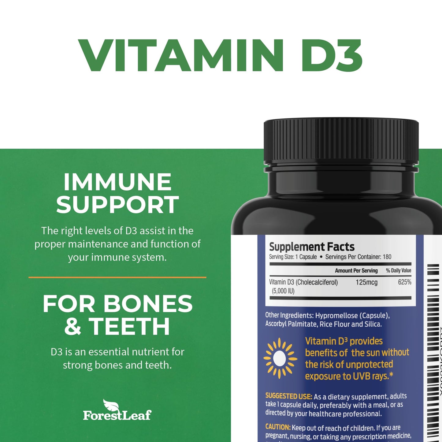 Pre-Order | Arrives in 5–10 Days – ForestLeaf Vitamin D3 5000 IU | VIT D - VIT D3 Vitamin D Supplements for Women and Men | Bone Health, Teeth and Immune Support | Easy to Swallow Pills | One Capsule Daily, 6-Month Supply, 180 Count