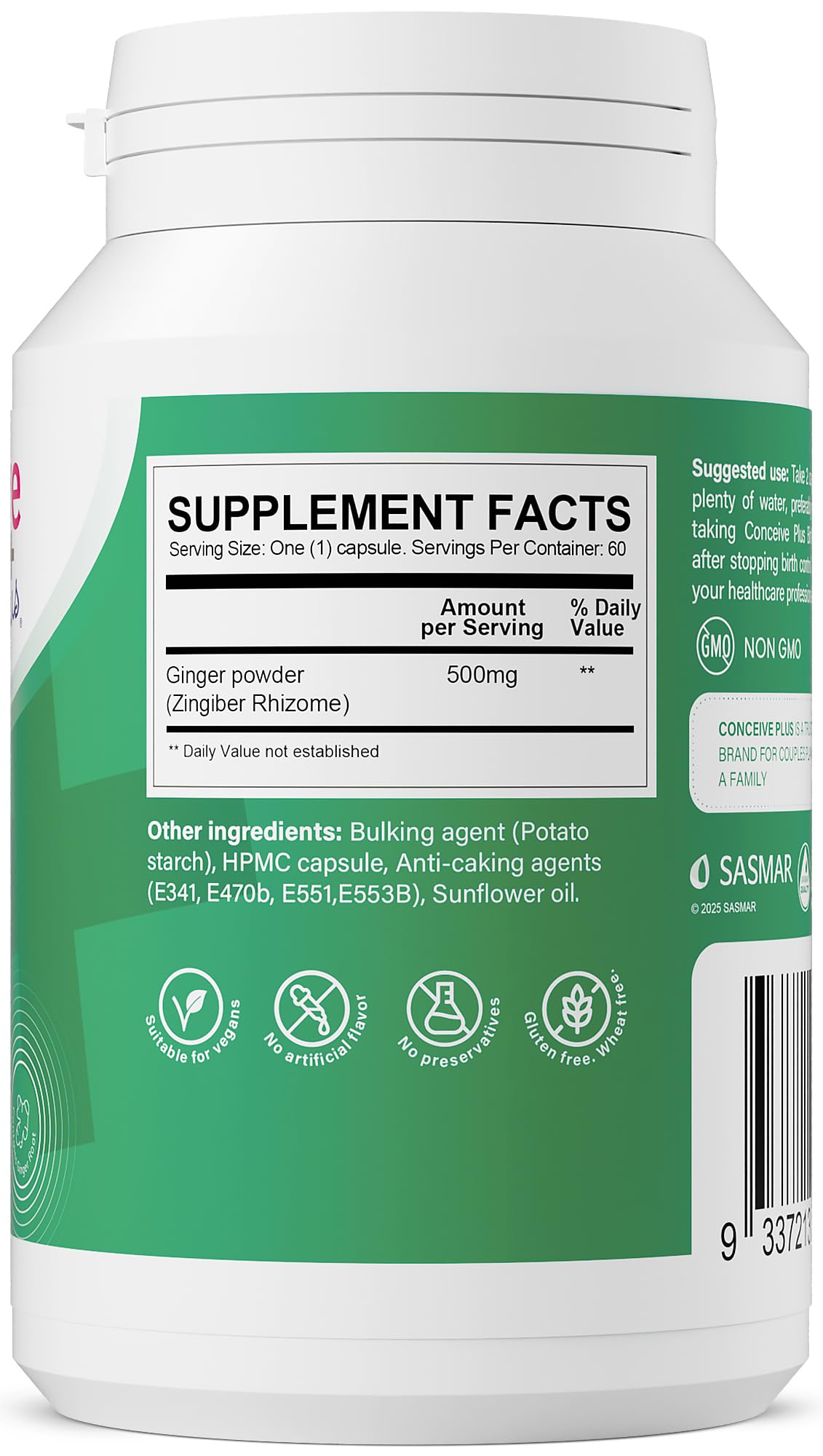 Pre-Order | Arrives in 5–10 Days – CONCEIVE PLUS Morning Sickness Relief - Pure Dried Ginger Powder - Relief from Nausea, Motion & Stomach Discomfort During Pregnancy - Essential for Expecting Moms - Non-GMO - 60 Vegan Capsules