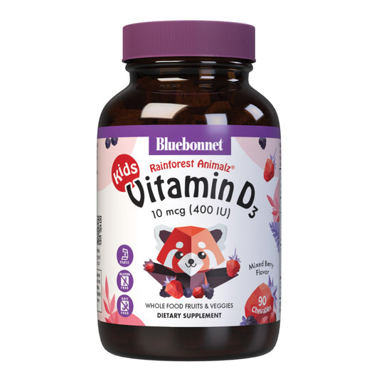 Pre-Order | Arrives in 5–10 Days – Bluebonnet Nutrition Rainforest Animalz Vitamin D3 400 IU Chewable Tablet, Soy, Dairy & Gluten-Free, Non-GMO, Kosher Certified, Vegetarian Friendly, Natural Mixed Berry Flavor, 90 Count