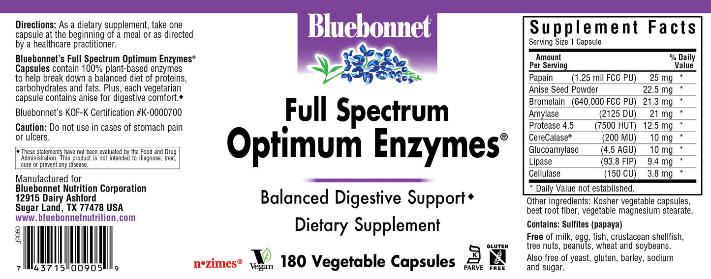 Pre-Order | Arrives in 5–10 Days – Bluebonnet Full Spectrum Optimum Enzymes Vegetarian Capsules, 180 Count