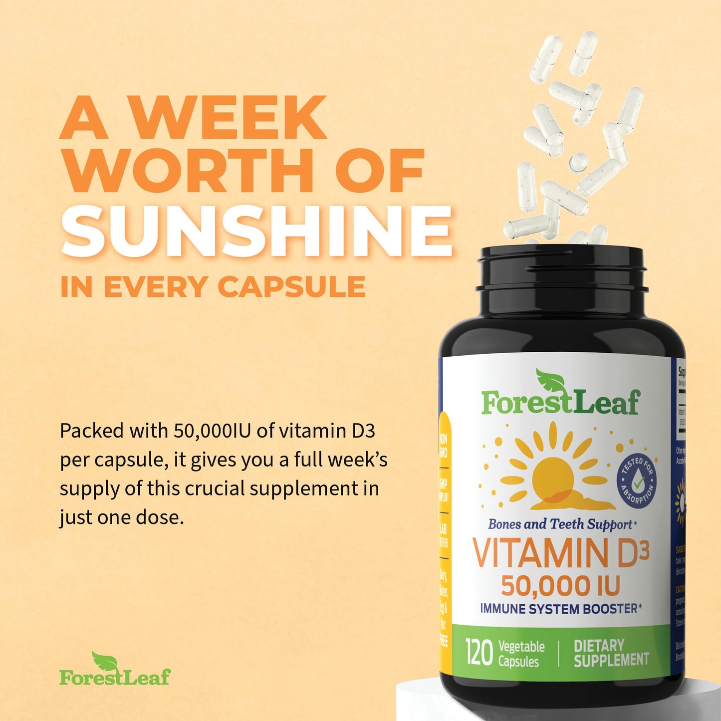 Pre-Order | Arrives in 5–10 Days – ForestLeaf Vitamin D3 50,000 IU | VIT D - VIT D3 Vitamin D Supplement for Women and Men | Bone Health, Teeth, Immune Support | Easy to Swallow Pills | High Potency WEEKLY Dose, 2-Year Supply, 120 Caps