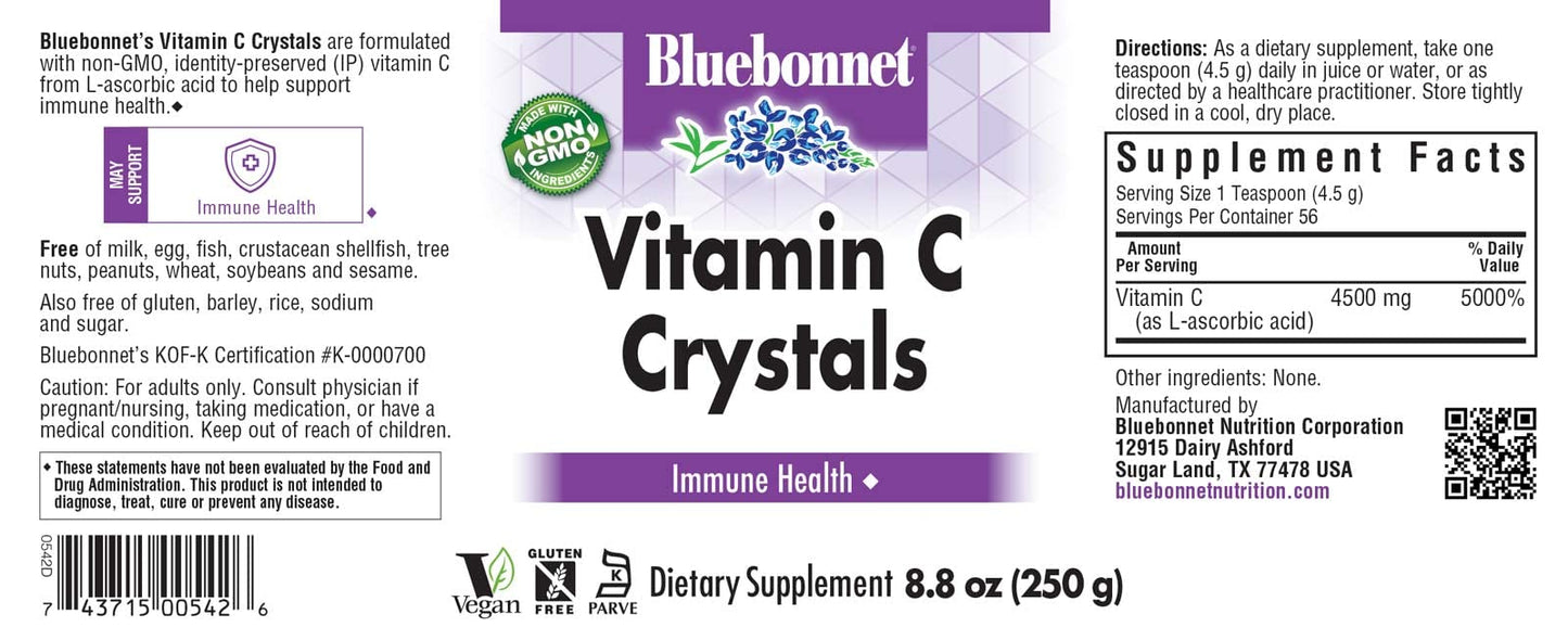 Pre-Order | Arrives in 5–10 Days – Bluebonnet Nutrition Vitamin C Crystals, for Immune Health, for Antioxidant Protection, Soy Free, Gluten Free, Non-GMO, Kosher, Dairy Free, Vegan, Powder, 8.8 oz (250 g)