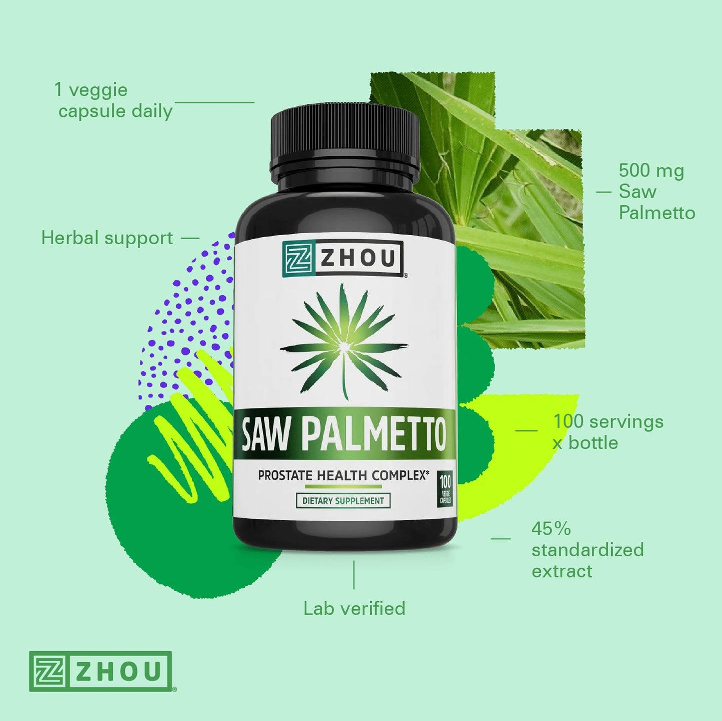Pre-Order | Arrives in 5–10 Days – Zhou Saw Palmetto Supplement for Men - Premium Complex, Advanced Formula, Extra Strength 450mg Saw Palmetto Berry Per Capsule - 100 Vegetarian Capsules