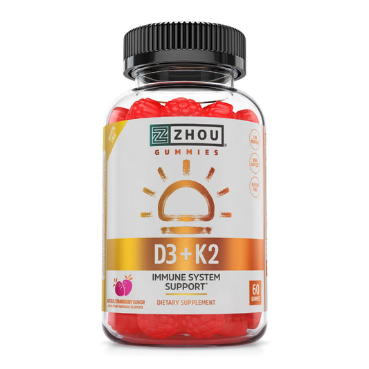 Pre-Order | Arrives in 5–10 Days – Zhou D3+K2 - Vitamin D3 K2 Supplement for Women & Men, Immune Support Vit D3 and K2 Gummy, Gelatin Free Formula with 5000 IU of D3 and MK-7 - 60 Veggie Gummies (Pack of 1)
