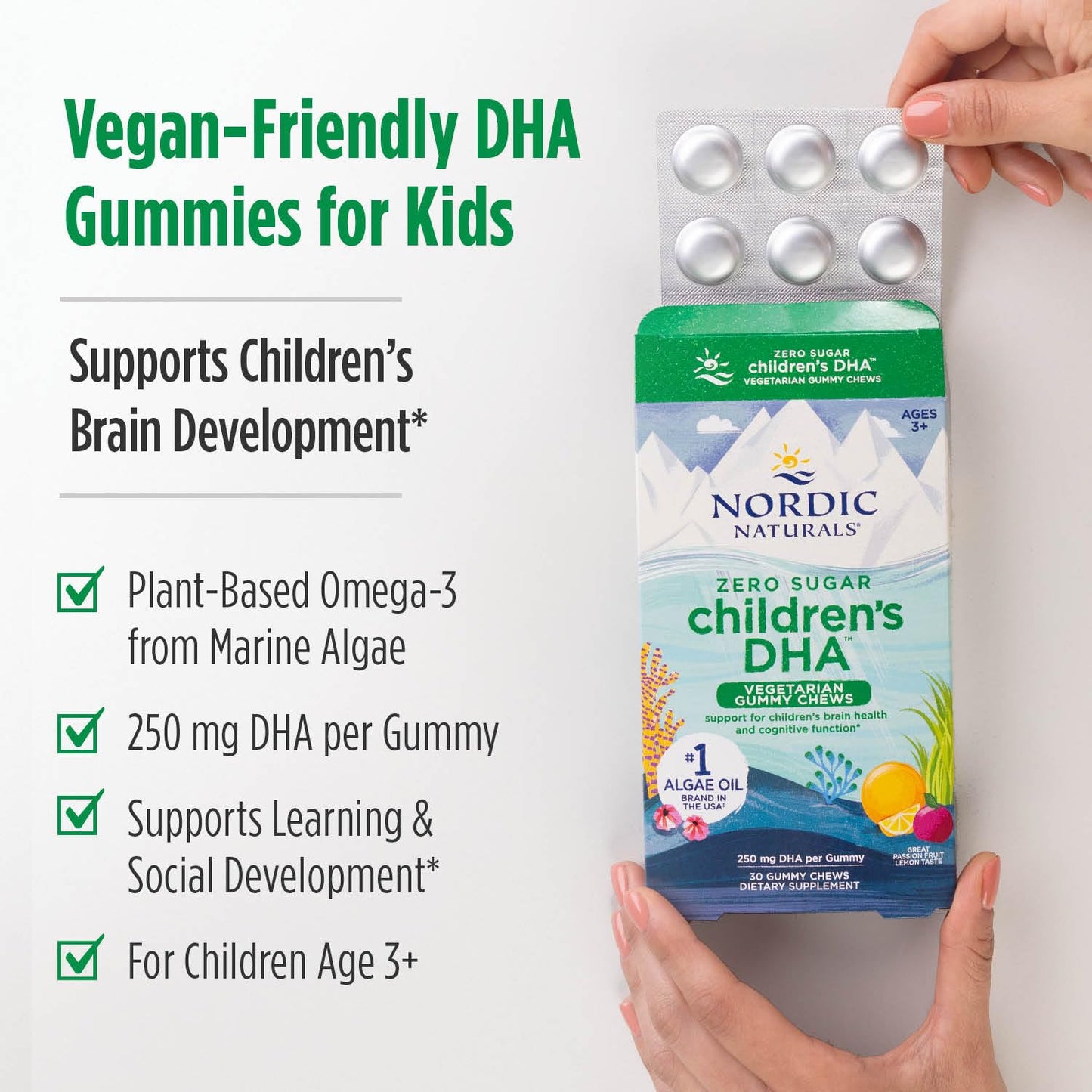 Pre-Order | Arrives in 5–10 Days – Nordic Naturals Zero Sugar Children’s DHA Vegetarian Gummy Chews - Passion Fruit Lemon Flavor - 30 Gummies - Vegan Algae Oil Omega-3 Supplement for Kids Brain & Cognition Support - 30 Servings