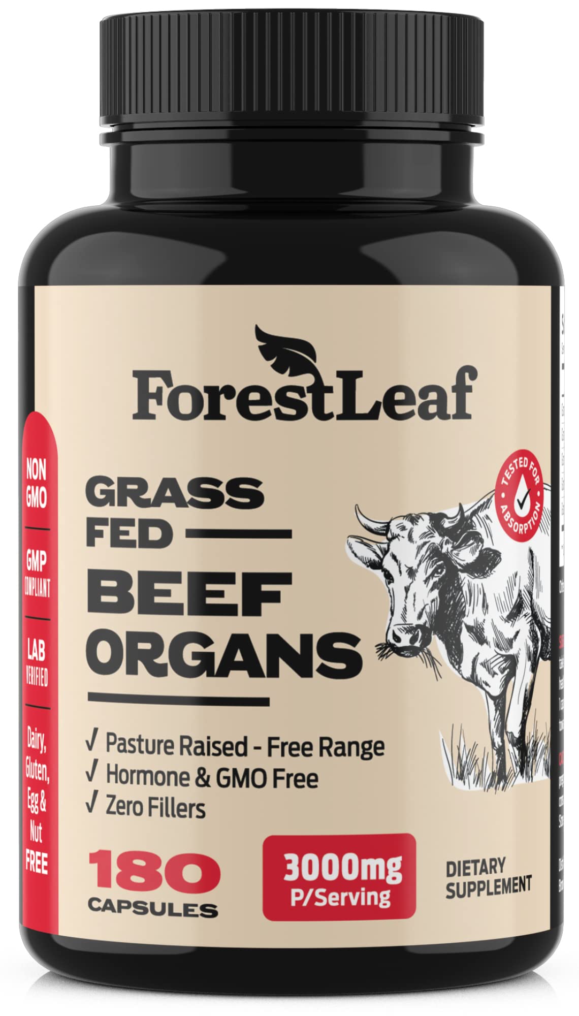Pre-Order | Arrives in 5–10 Days – ForestLeaf Beef Organ Supplement - Grass Fed & Pasture Raised - Total Body Wellness & Performance, Organ Complex with 3000mg of Desiccated Beef Liver, Heart, Kidney, Pancreas, Spleen (180 Capsules)