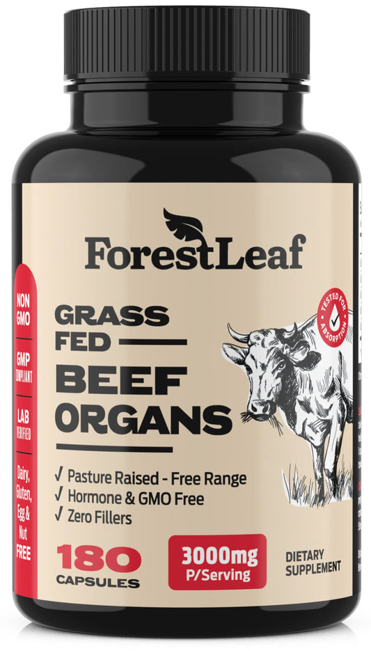 Pre-Order | Arrives in 5–10 Days – ForestLeaf Beef Organ Supplement - Grass Fed & Pasture Raised - Total Body Wellness & Performance, Organ Complex with 3000mg of Desiccated Beef Liver, Heart, Kidney, Pancreas, Spleen (180 Capsules)
