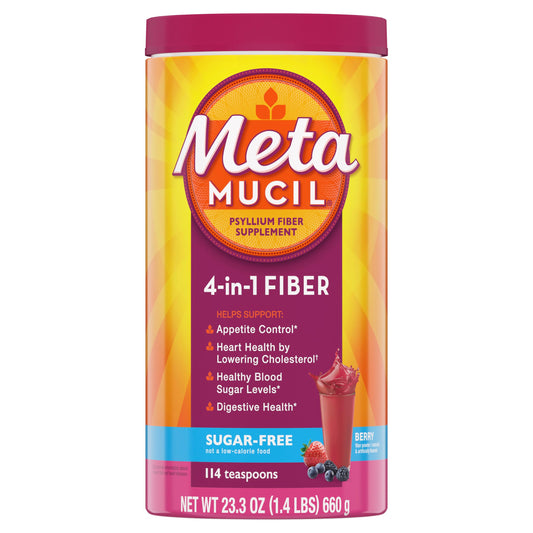 Pre-Order | Arrives in 5–10 Days – Metamucil Fiber, 4-in-1 Psyllium Fiber Supplement, Sugar-Free Powder, Berry Flavored Drink, 114 Servings (Packaging May Vary)